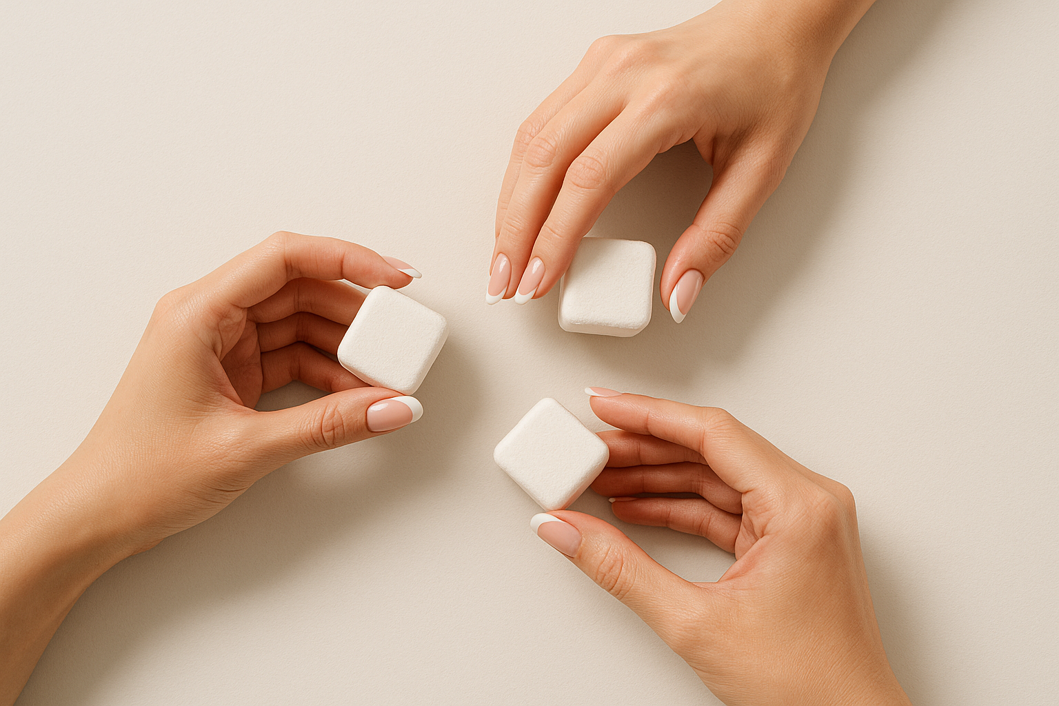 modifie la photo avec des mains hyper féminines qui on une french manucure, les cubes vapeur doivent etre blancs et les mains un peu plus espacées avec une prise de vue de dessus  